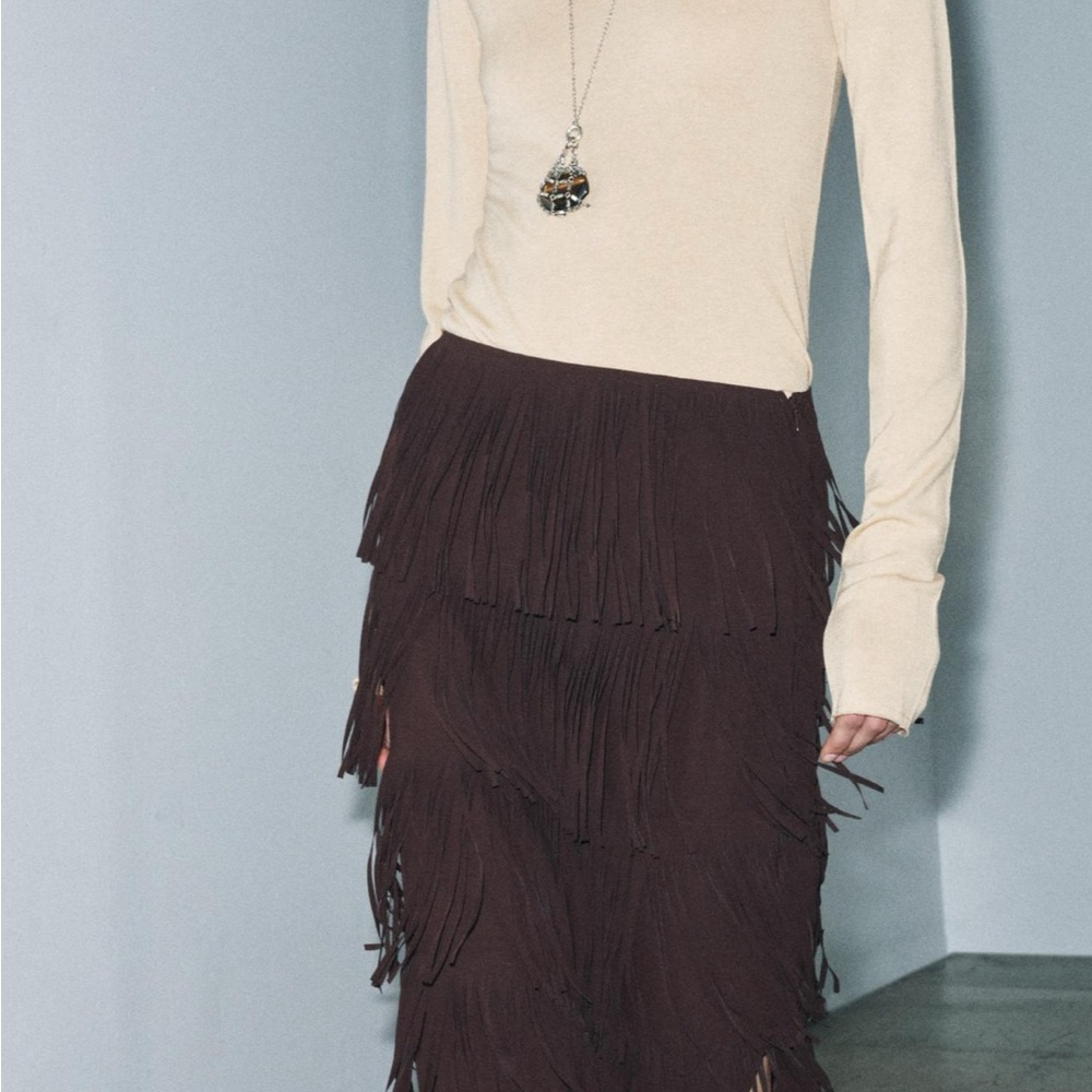 Zara Asymmetrical Fringe Skirt in Dark Brown NWT